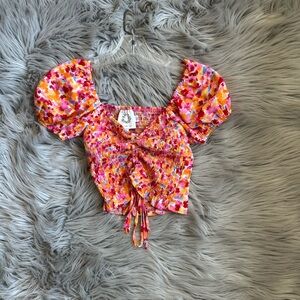 Unknown Brand Pink Orange Floral Smocked Puff-Sleeve Crop Top